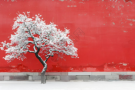 雪景红墙前的梅花背景