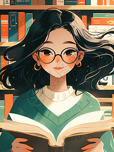 女孩在书店中阅读图片