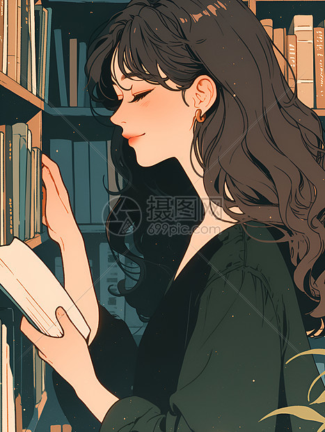 女孩在书店里读书图片