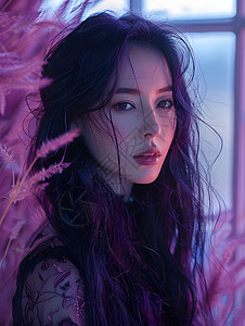 自信美丽紫色氛围中的女士背景