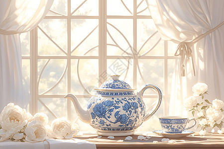 蓝白色茶壶的优雅展现背景图片