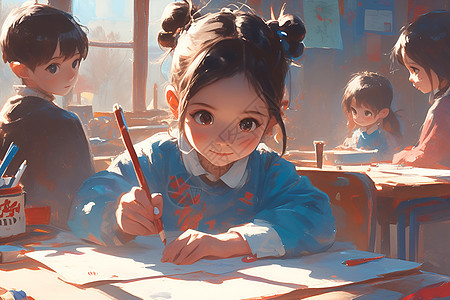 拿着铅笔坐在课桌前的女孩图片