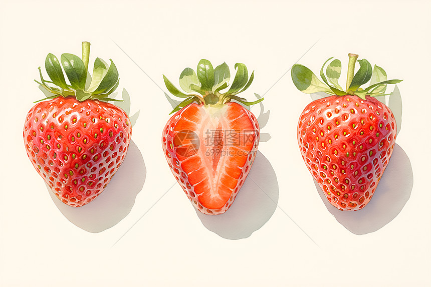三个草莓在白色背景上图片