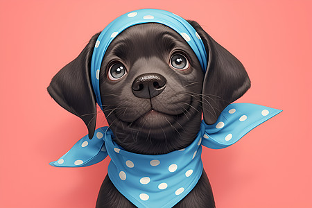黑色小狗戴着蓝色圆点头巾图片