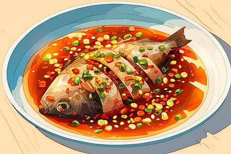美味的蒸鱼插画图片