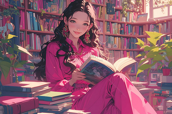书店中的美丽女孩图片