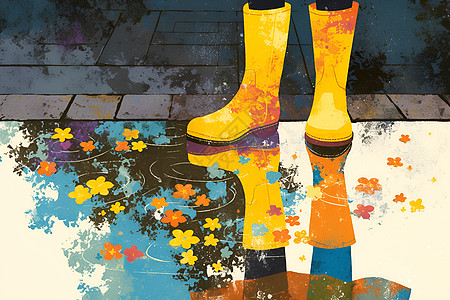 雨天黄色的雨靴插画