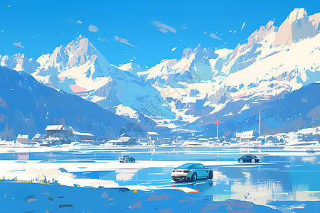 冬天湖边的汽车图片