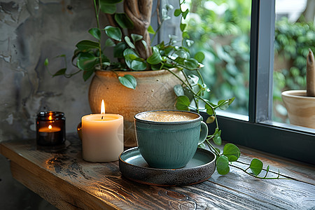 咖啡旁边是蜡烛和窗台上的盆栽图片