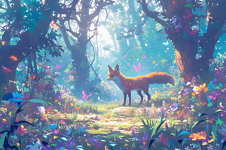 奇幻森林里漫步的狐狸背景图片