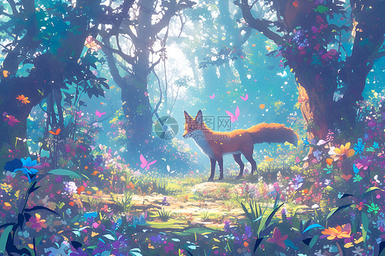 奇幻森林里漫步的狐狸图片