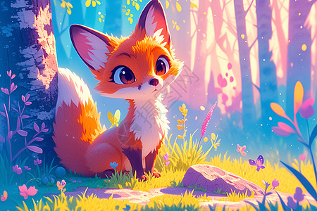 树下的可爱狐狸背景图片