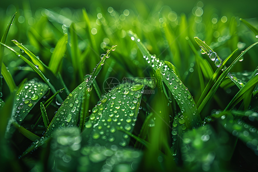 青翠草叶上的水珠图片