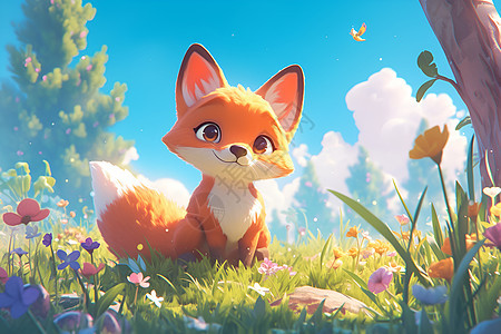 花草丛里的狐狸嬉戏背景图片