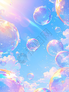 彩色泡泡漂浮于蓝天白云中图片