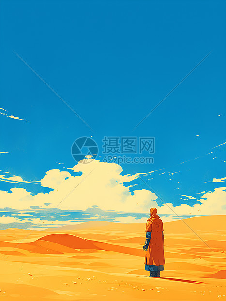 孤独烈日下的沙漠中的站立者图片