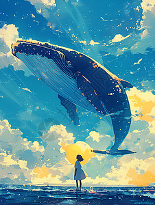 少女与鲸鱼的奇幻邂逅高清图片