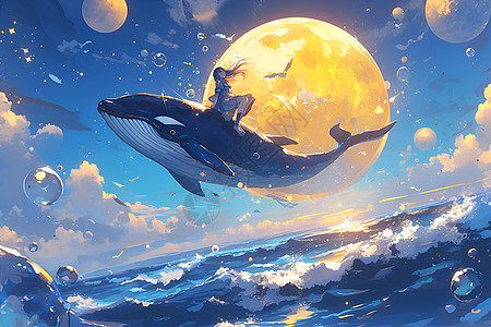 鲸背上的少女奇幻动漫风景图片