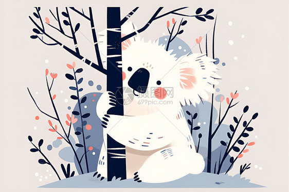 可爱的树懒熊在雪地里拥抱树木图片