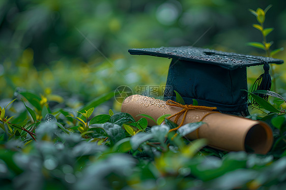 绿色草地上的帽子和证书图片