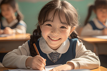 女孩在教室里学习图片