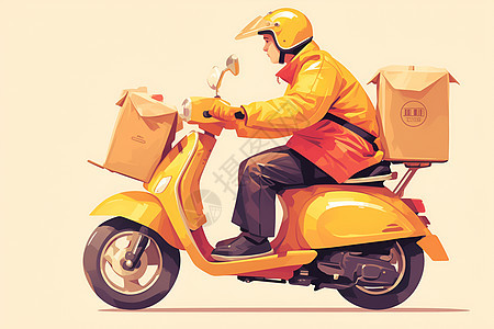 骑黄色摩托车送货的快递图片