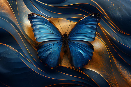 蓝色的蝴蝶在金色线条背景上图片