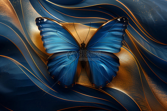 蓝色的蝴蝶在金色线条背景上图片