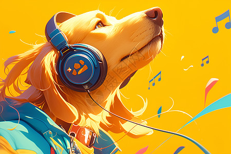 狗狗戴着耳机沉浸在音乐中图片