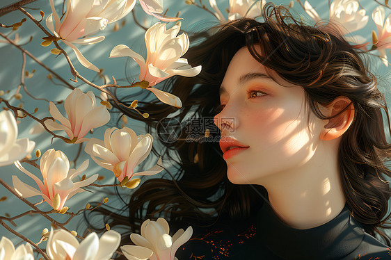 花香少女插画图片