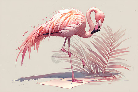 精美手绘的粉色火烈鸟与植物图片