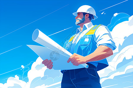 蓝天白云下的建筑蓝天白云映衬下的工程师插画