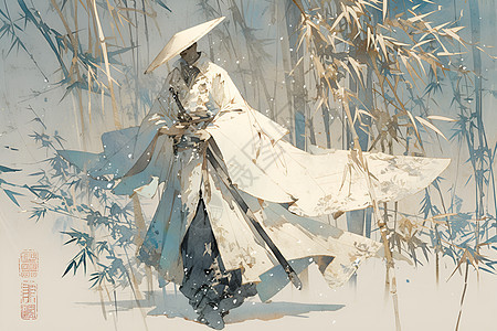 白衣剑客徜徉竹林图片