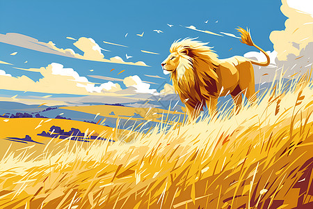 草原上一只雄狮自由漫步图片