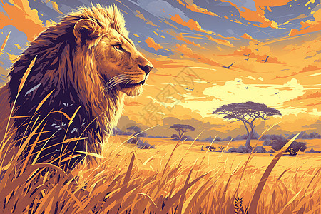 草原之王狮子插画图片