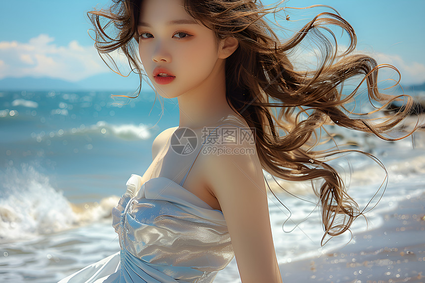 海风中舞动的白裙少女图片