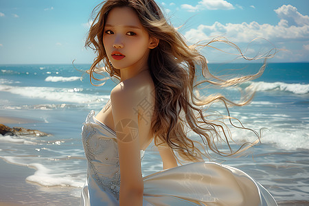 海边的白裙少女高清图片