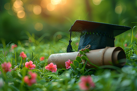 学士帽满载成就的毕业帽和证书背景