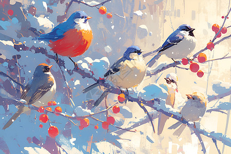 冬日白雪覆盖树枝上的小鸟图片