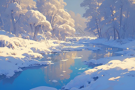 冬天森林凝固的河流插画