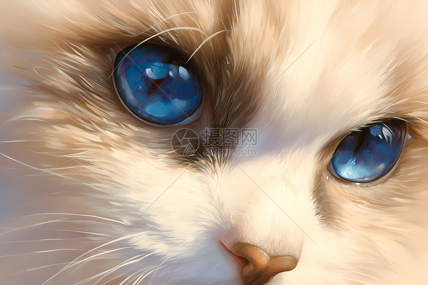 蓝色眼睛的猫咪油画图片