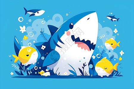 清新海洋中的卡通鲨鱼高清图片