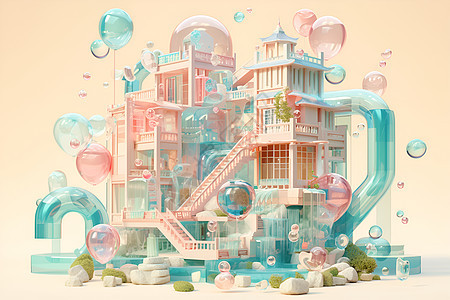 粉色泡泡和建筑插画图片