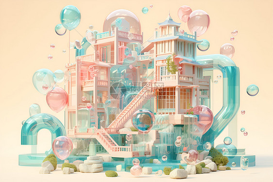 粉色泡泡和建筑插画图片