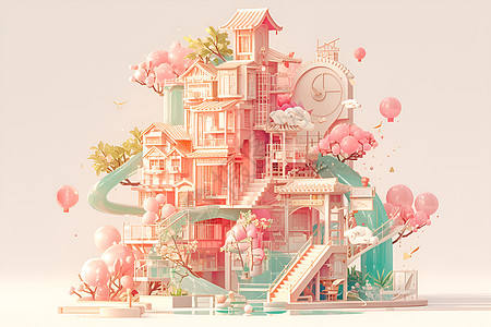 粉色建筑插画图片