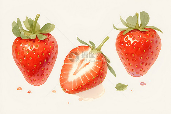 三个草莓的水彩画图片