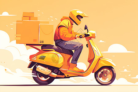 骑着黄色摩托车的快递员高清图片