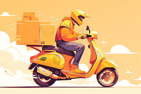 骑着黄色摩托车的快递员图片