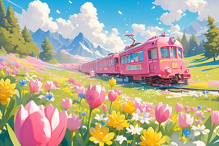 花海中的粉色小火车图片