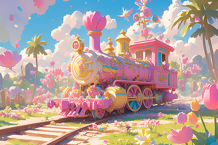 花海中的粉色小火车图片